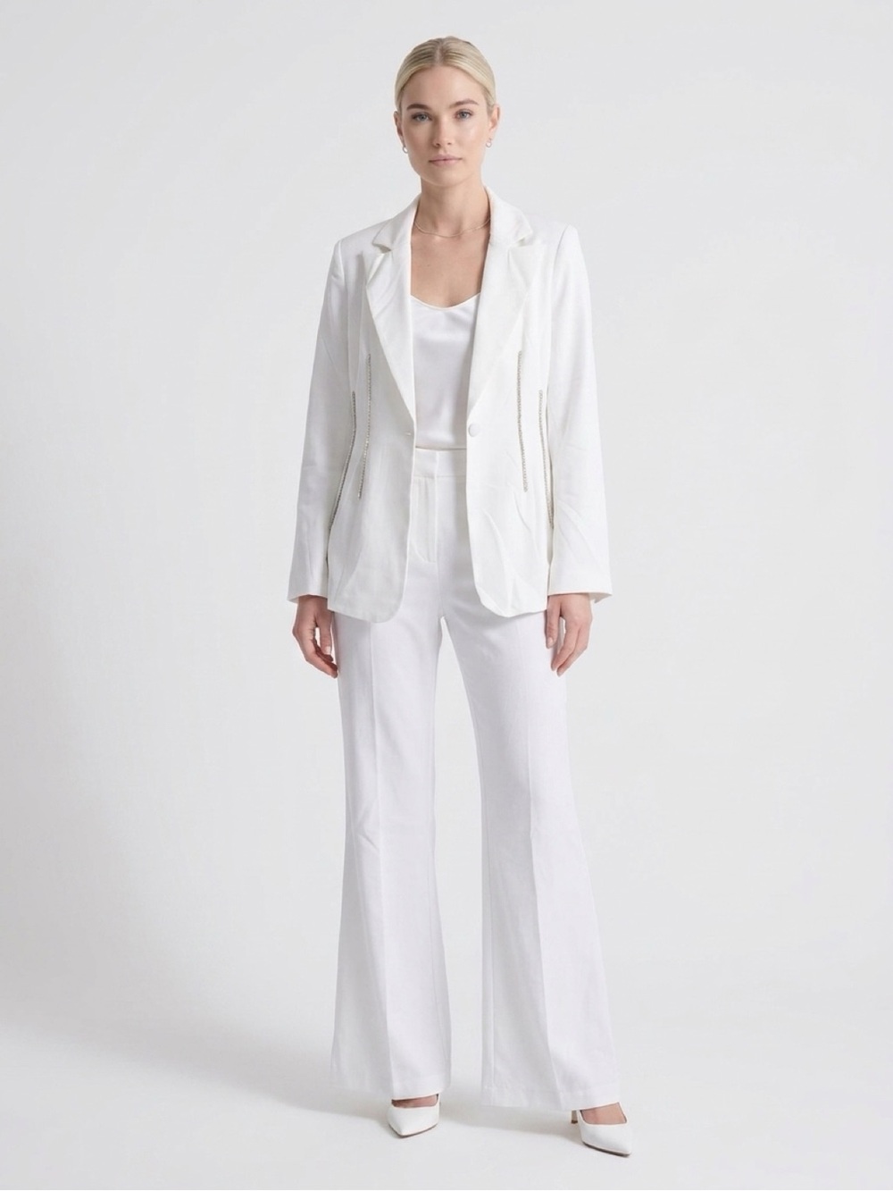 Suit- Wide-Leg Trousers and blazer with gem stone accents Tailored Silhouette